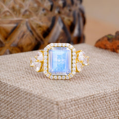 4CT Emerald Cut Moonstone Engagement Ring Vintage Classic Side Stones Halo Bridal Ring