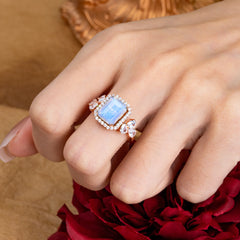 4CT Emerald Cut Moonstone Engagement Ring Vintage Classic Side Stones Halo Bridal Ring