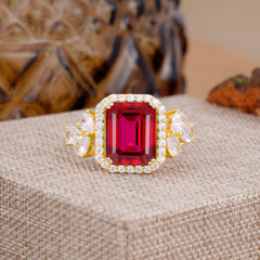 4CT Emerald Cut Ruby Engagement Ring Vintage Classic Side Stones Halo Bridal Ring