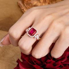 4CT Emerald Cut Ruby Engagement Ring Vintage Classic Side Stones Halo Bridal Ring