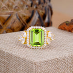 4CT Emerald Cut Peridot Engagement Ring Vintage Classic Side Stones Halo Bridal Ring     - Additional view