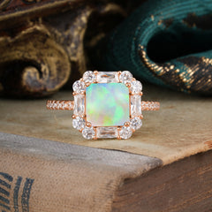 2.5CT Radiant Cut Opal Engagement Ring Pave Halo Bridal Ring