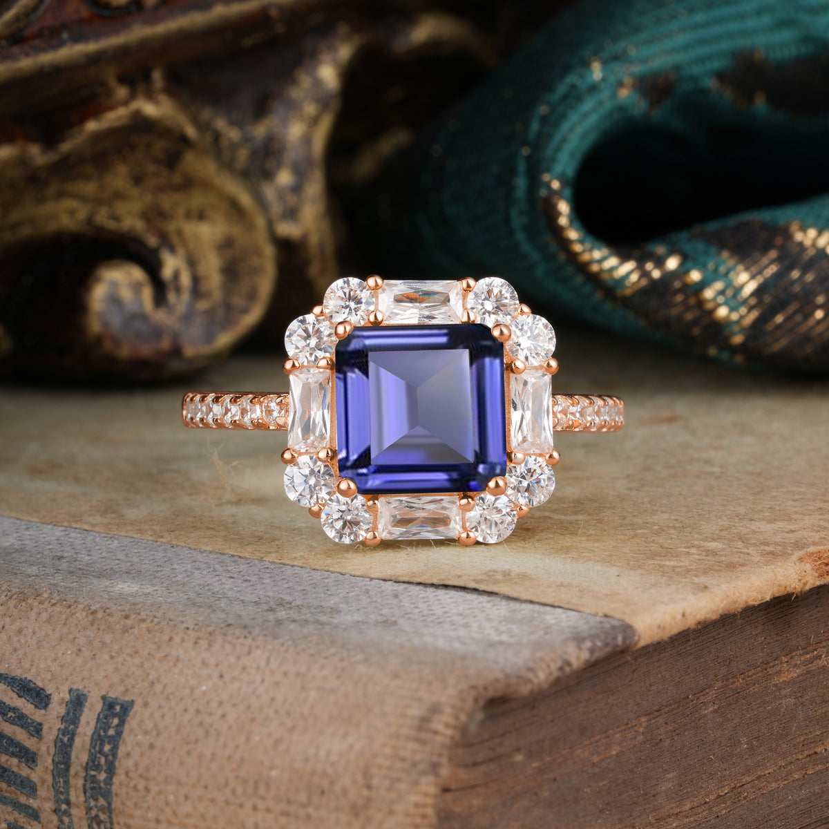 2.5CT Radiant Cut Tanzanite Engagement Ring Pave Halo Bridal Ring     - Additional view