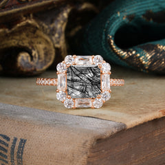 2.5CT Radiant Cut Black Rutilated Quartz Engagement Ring Pave Halo Bridal Ring