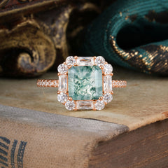 2.5CT Radiant Cut Moss Agate Engagement Ring Pave Halo Bridal Ring