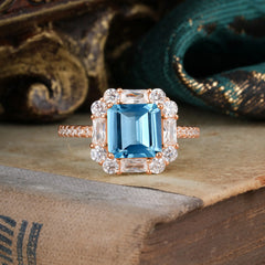 2.5CT Radiant Cut Aquamarine Engagement Ring Pave Halo Bridal Ring