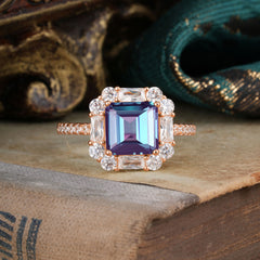 2.5CT Radiant Cut Alexandrite Engagement Ring Pave Halo Bridal Ring