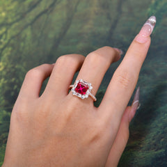 2.5CT Radiant Cut Ruby Engagement Ring Pave Halo Bridal Ring