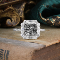 2.5CT Radiant Cut Black Rutilated Quartz Engagement Ring Pave Halo Bridal Ring