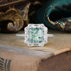 2.5CT Radiant Cut Moss Agate Engagement Ring Pave Halo Bridal Ring