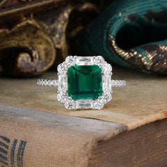 2.5CT Radiant Cut Emerald Engagement Ring Pave Halo Bridal Ring