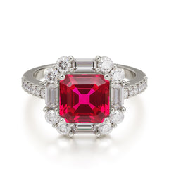 2.5CT Radiant Cut Ruby Engagement Ring Pave Halo Bridal Ring