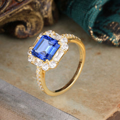 2.5CT Radiant Cut Sapphire Engagement Ring | 4 Prong Pave Halo Bridal Setting