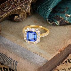 2.5CT Radiant Cut Sapphire Engagement Ring | 4 Prong Pave Halo Bridal Setting