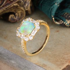 2.5CT Radiant Cut Opal Engagement Ring Pave Halo Bridal Ring