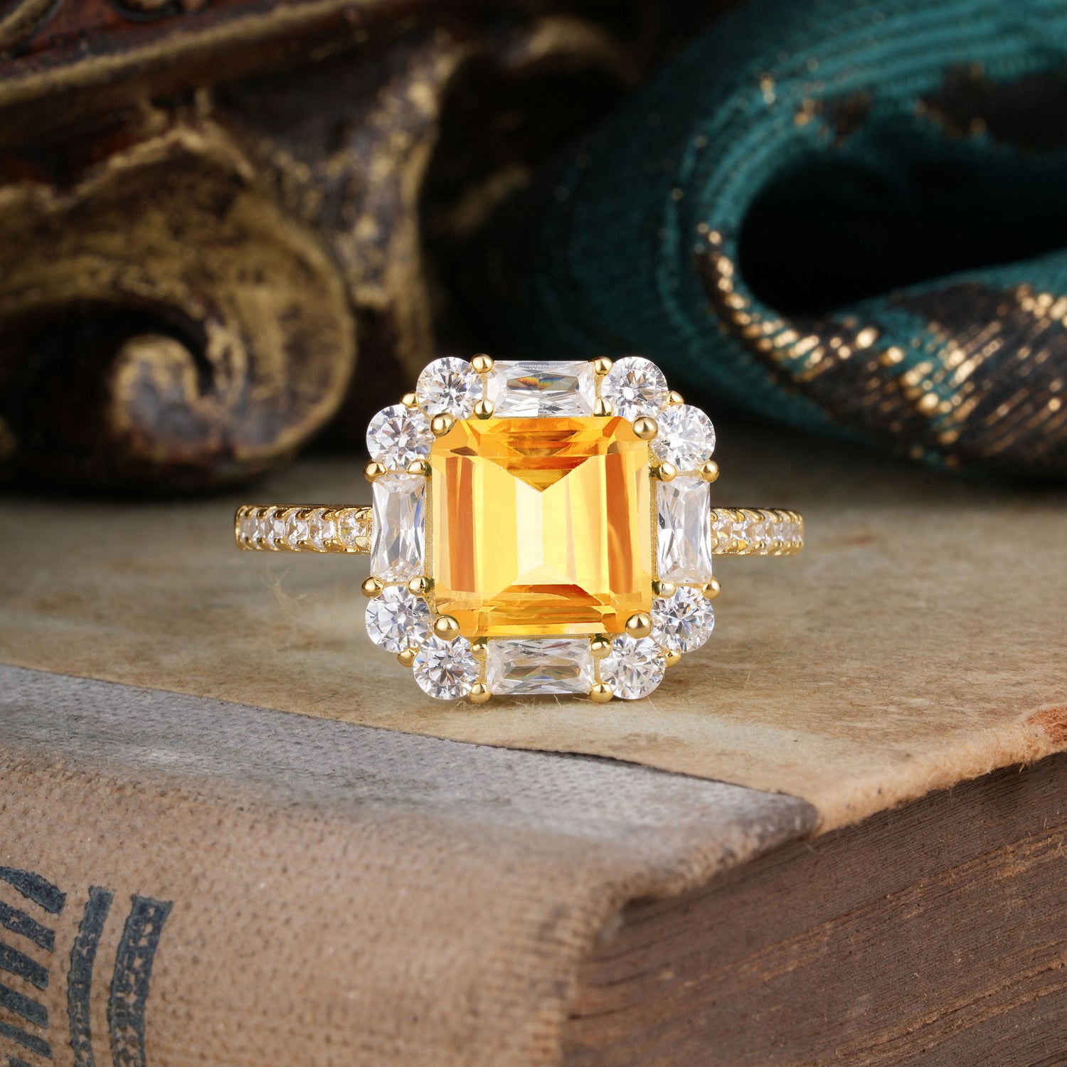 2.5CT Radiant Cut Citrine Engagement Ring Pave Halo Bridal Ring