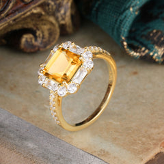 2.5CT Radiant Cut Citrine Engagement Ring Pave Halo Bridal Ring