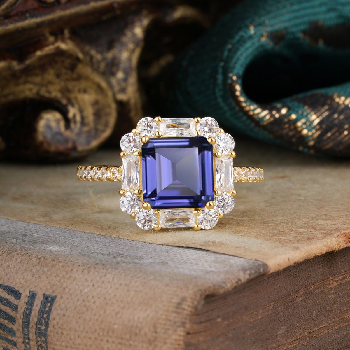 2.5CT Radiant Cut Tanzanite Engagement Ring Pave Halo Bridal Ring     - Additional view