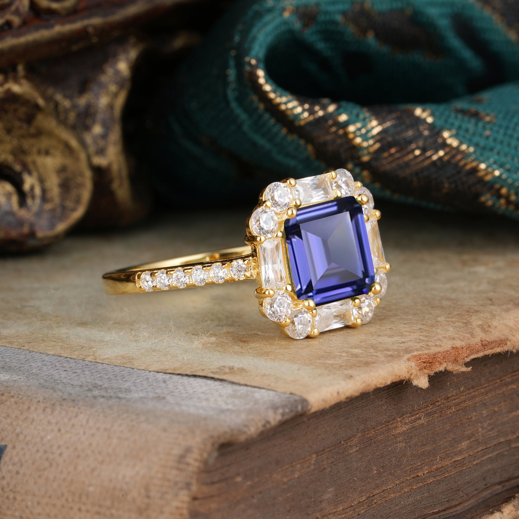 2.5CT Radiant Cut Tanzanite Engagement Ring Pave Halo Bridal Ring     - Additional view