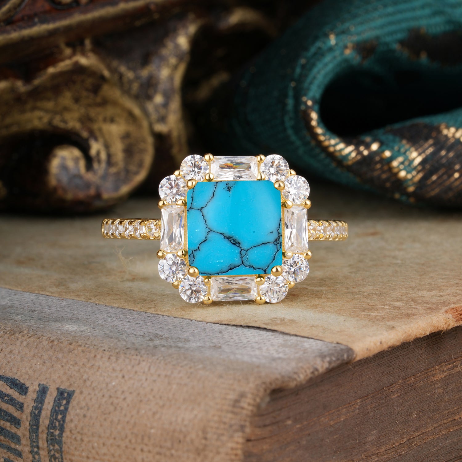 2.5CT Radiant Cut Turquoise Cluster Engagement Ring