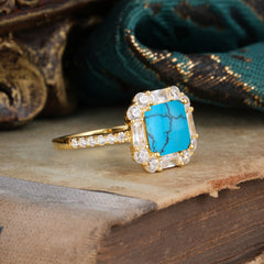 2.5CT Radiant Cut Turquoise Engagement Ring Pave Halo Bridal Ring