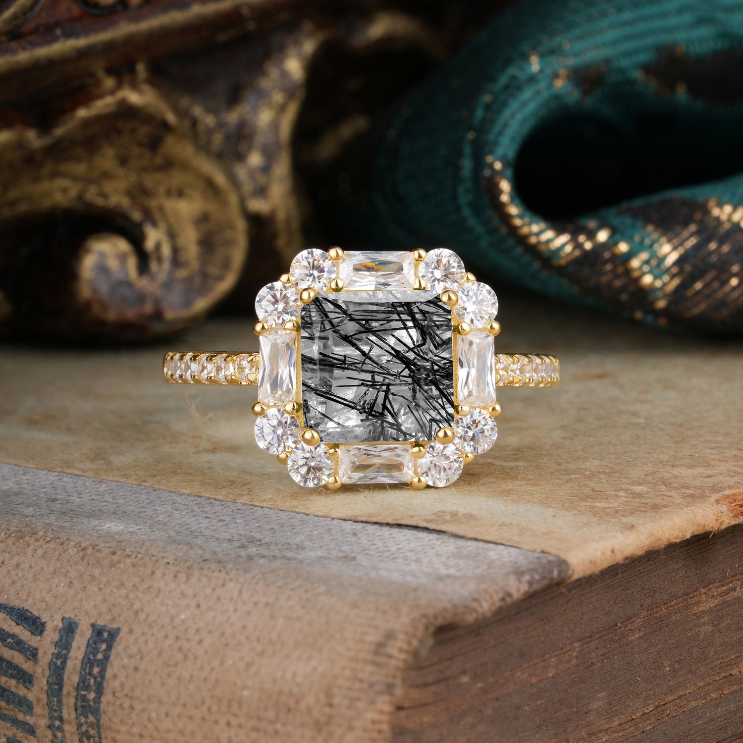 2.5CT Radiant Cut Black Rutilated Quartz Cluster Engagement Ring
