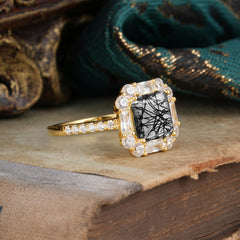 2.5CT Radiant Cut Black Rutilated Quartz Engagement Ring Pave Halo Bridal Ring