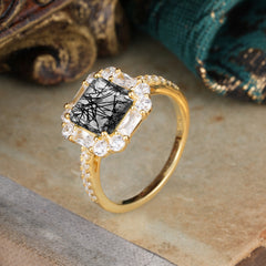 2.5CT Radiant Cut Black Rutilated Quartz Engagement Ring Pave Halo Bridal Ring