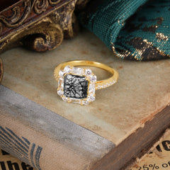 2.5CT Radiant Cut Black Rutilated Quartz Engagement Ring Pave Halo Bridal Ring
