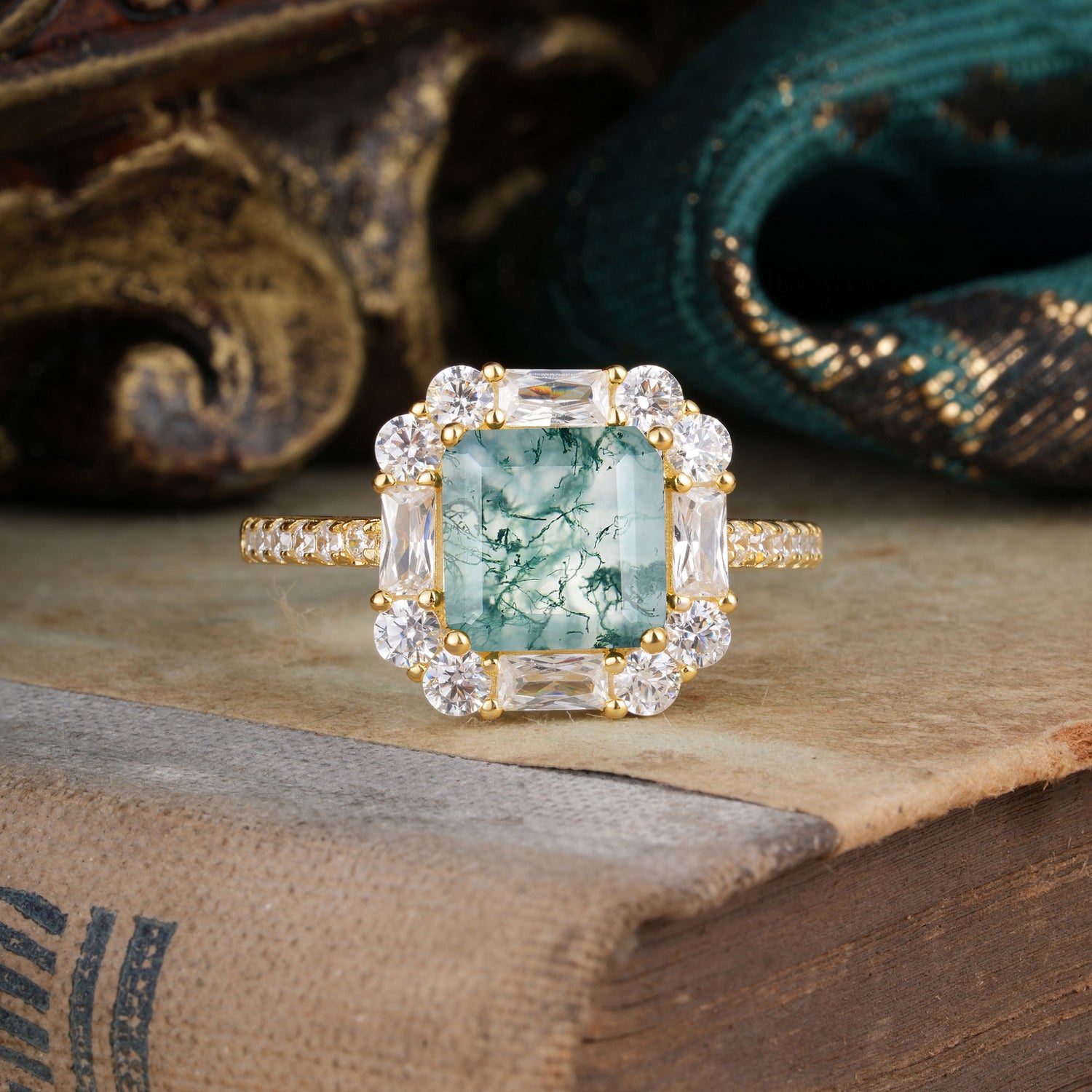 2.5CT Radiant Cut Moss Agate Cluster Engagement Ring