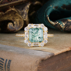 2.5CT Radiant Cut Moss Agate Engagement Ring Pave Halo Bridal Ring