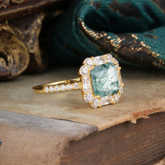2.5CT Radiant Cut Moss Agate Engagement Ring Pave Halo Bridal Ring