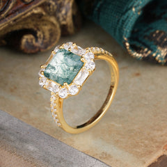 2.5CT Radiant Cut Moss Agate Engagement Ring Pave Halo Bridal Ring