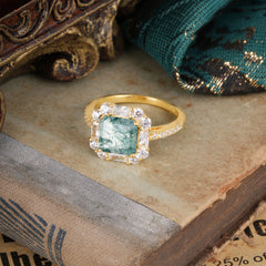 2.5CT Radiant Cut Moss Agate Engagement Ring Pave Halo Bridal Ring