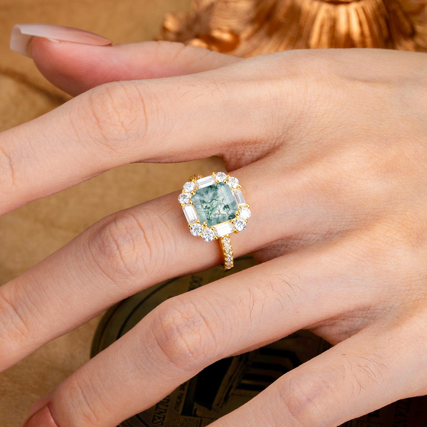 2.5CT Radiant Cut Moss Agate Cluster Engagement Ring
