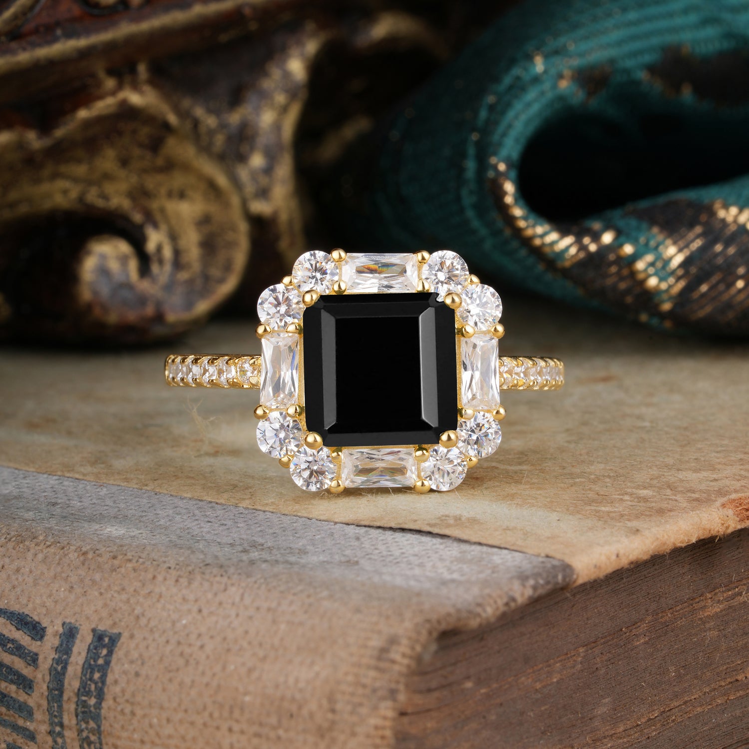 2.5CT Radiant Cut Black Onyx Cluster Engagement Ring