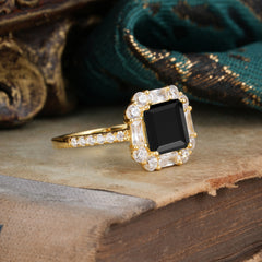 2.5CT Radiant Cut Black Onyx Engagement Ring Pave Halo Bridal Ring