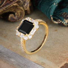 2.5CT Radiant Cut Black Onyx Engagement Ring Pave Halo Bridal Ring
