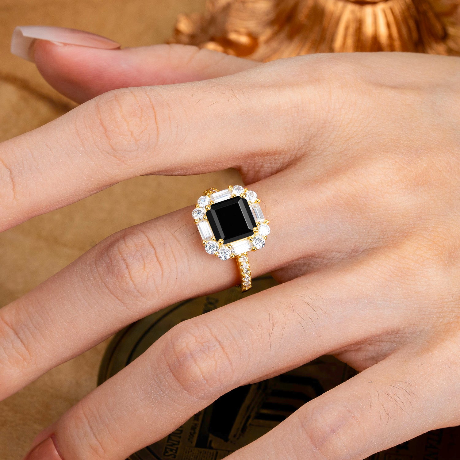 2.5CT Radiant Cut Black Onyx Cluster Engagement Ring