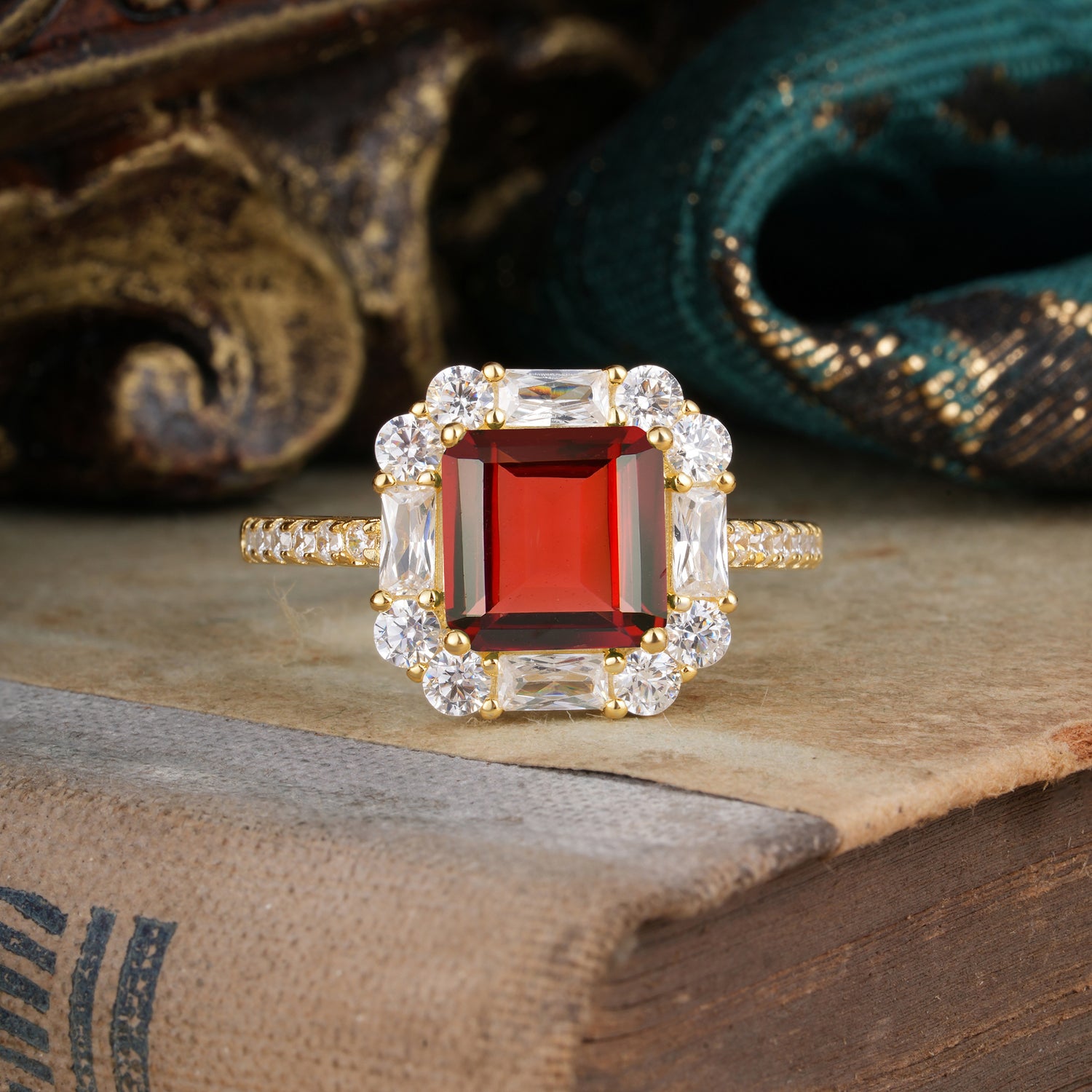 2.5CT Radiant Cut Garnet Cluster Engagement Ring