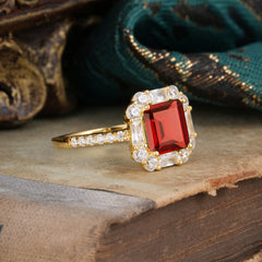 2.5CT Radiant Cut Garnet Engagement Ring Pave Halo Bridal Ring