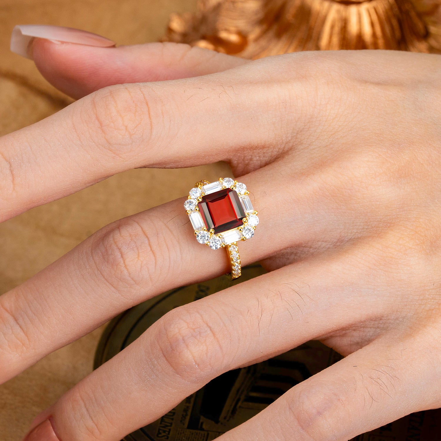 2.5CT Radiant Cut Garnet Cluster Engagement Ring