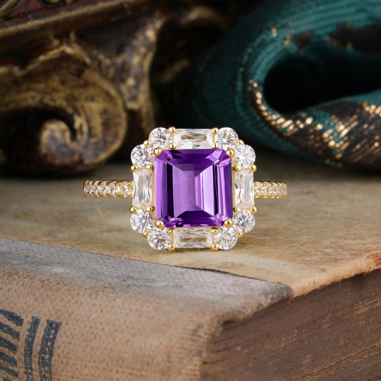2.5CT Radiant Cut Amethyst Cluster Engagement Ring