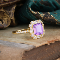 2.5CT Radiant Cut Amethyst Engagement Ring Pave Halo Bridal Ring