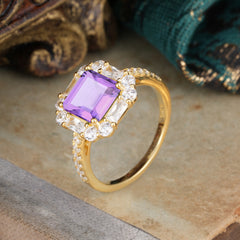 2.5CT Radiant Cut Amethyst Engagement Ring Pave Halo Bridal Ring