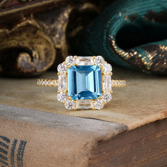 2.5CT Radiant Cut Aquamarine Engagement Ring Pave Halo Bridal Ring
