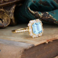 2.5CT Radiant Cut Aquamarine Engagement Ring Pave Halo Bridal Ring