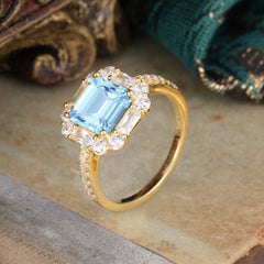 2.5CT Radiant Cut Aquamarine Engagement Ring Pave Halo Bridal Ring