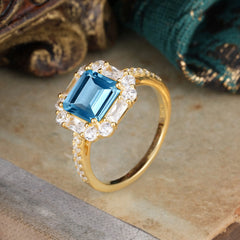 2.5CT Radiant Cut Aquamarine Engagement Ring Pave Halo Bridal Ring