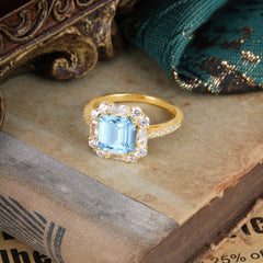 2.5CT Radiant Cut Aquamarine Engagement Ring Pave Halo Bridal Ring